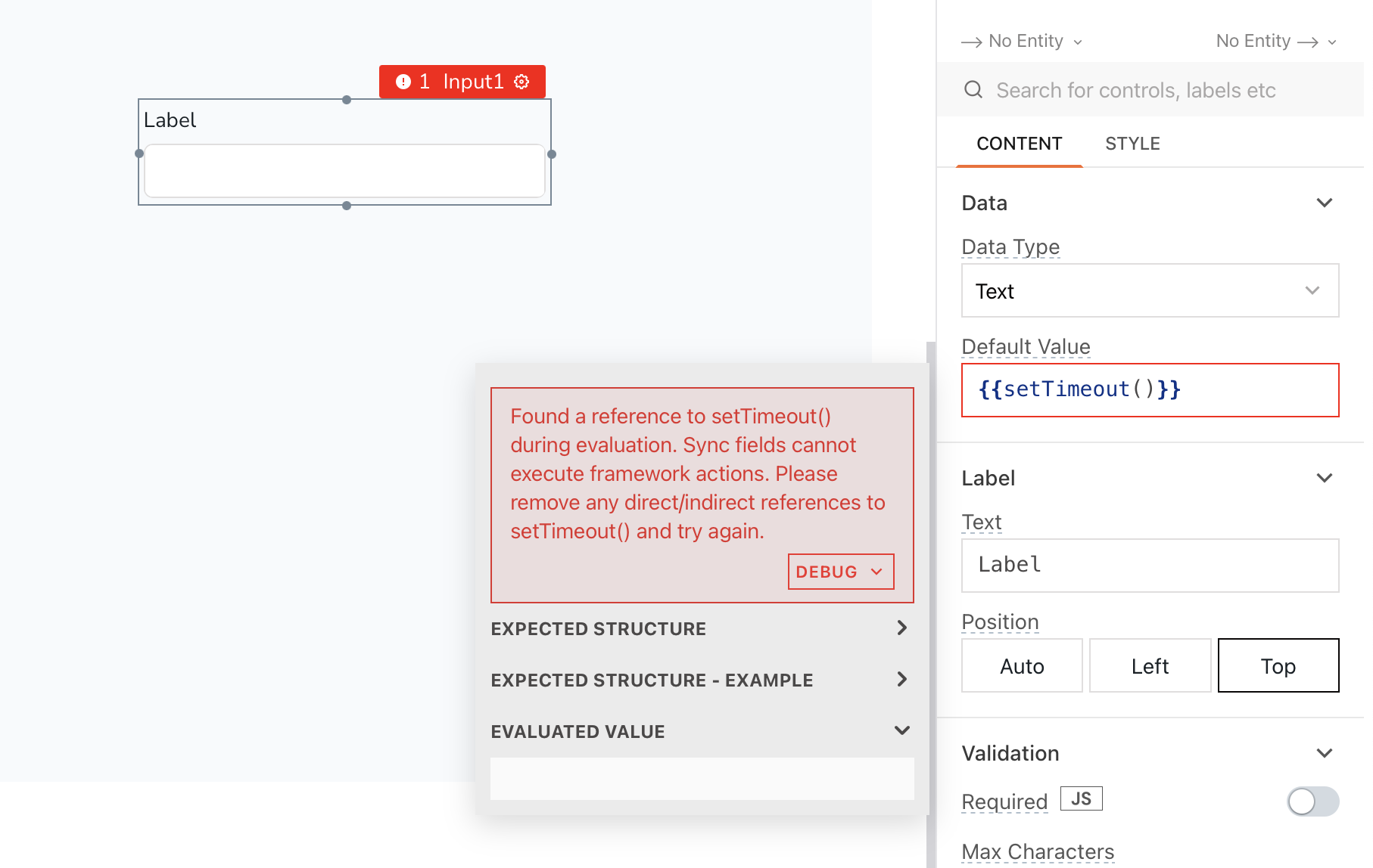 Error action can't be triggered