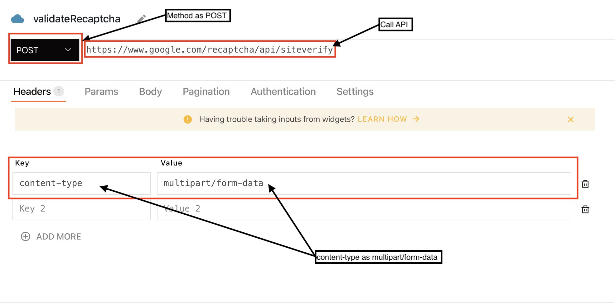 Add header, HTTP Method, and URL to validate reCaptcha