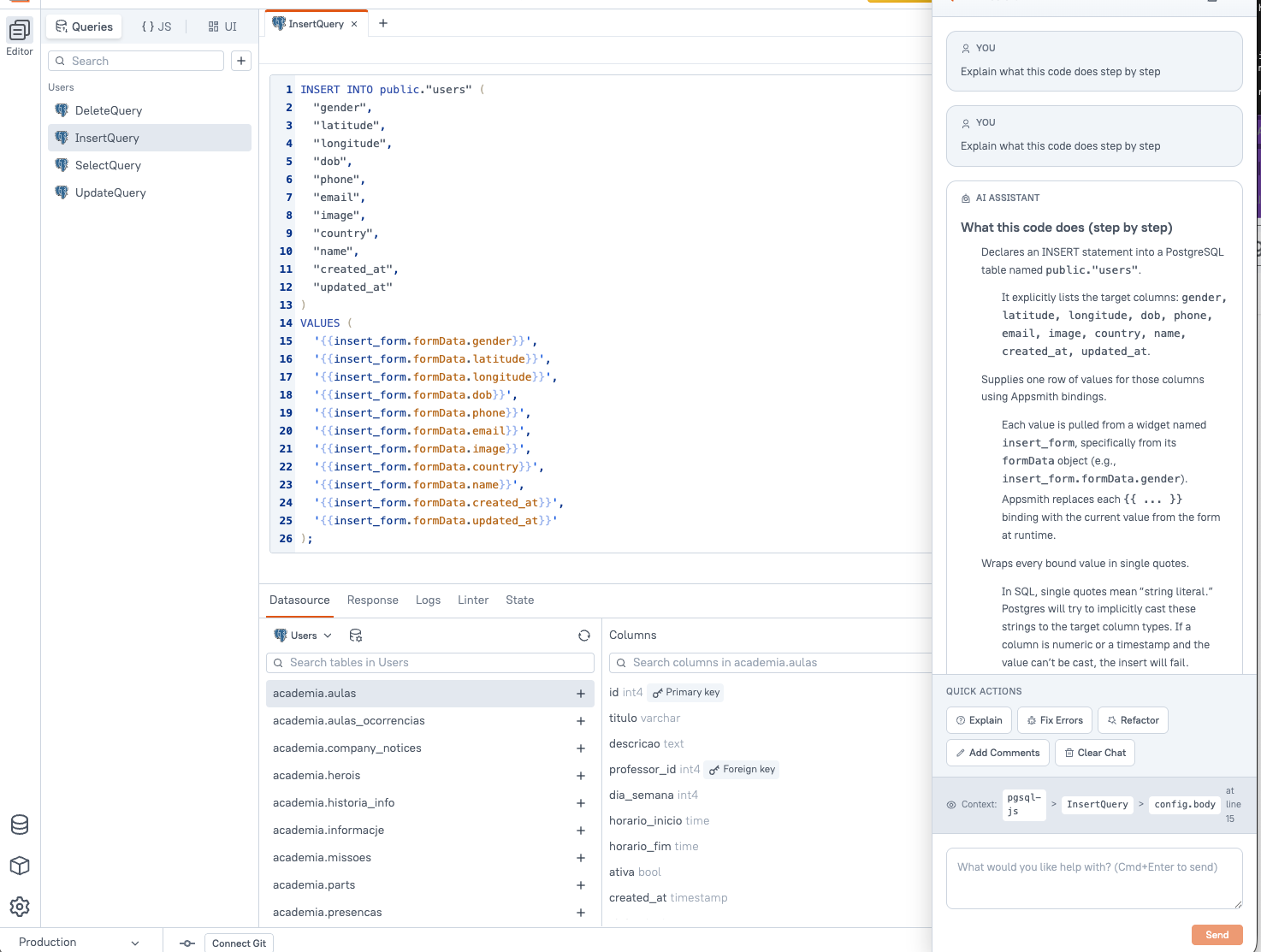 Ask AI helping with JavaScript in the editor