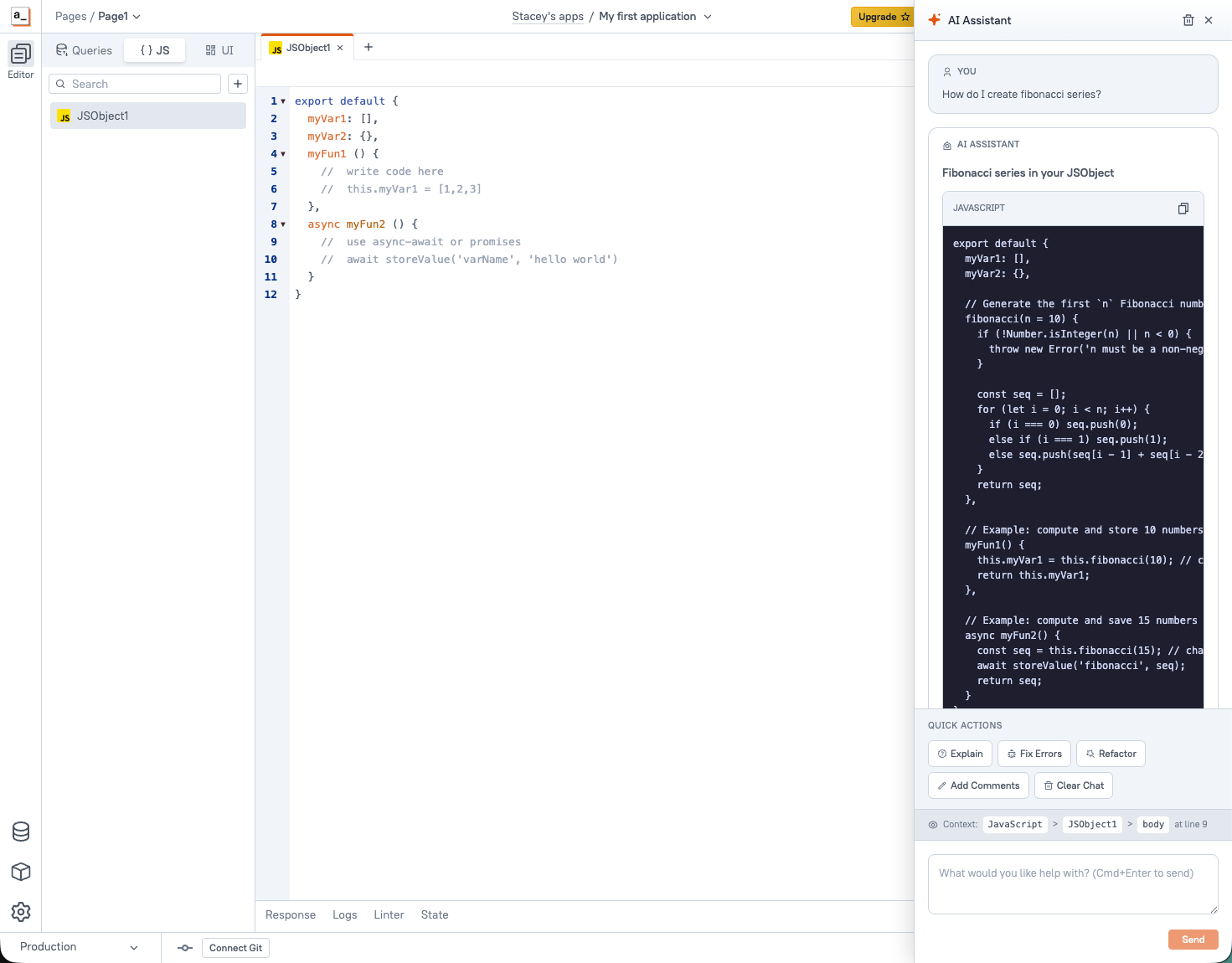Ask AI helping with JavaScript in the editor