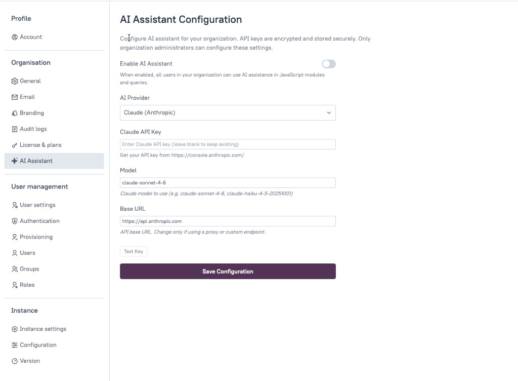 AI Assistant Configuration settings in Admin Settings